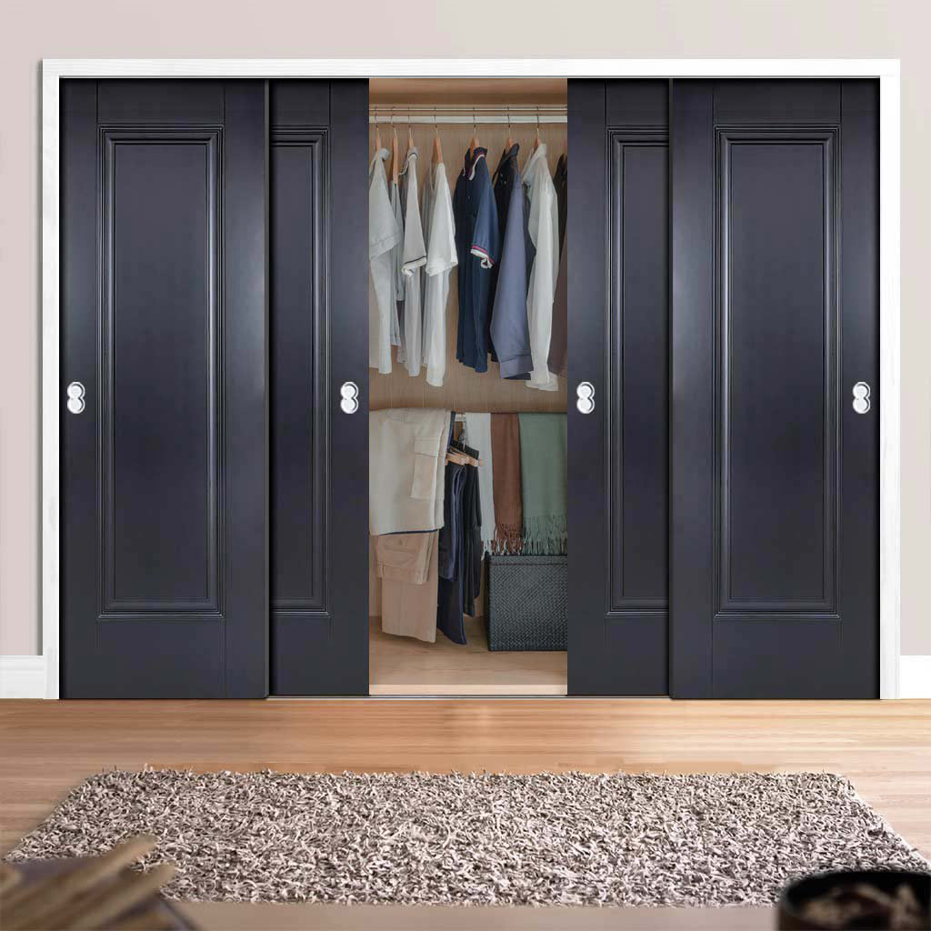 Minimalist Wardrobe Door & Frame Kit - Four Eindhoven 1 Panel Black Primed Doors - Unfinished