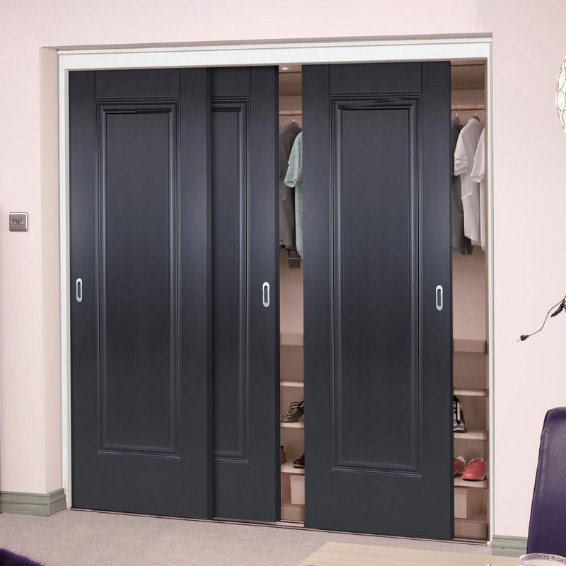 Minimalist Wardrobe Door & Frame Kit - Three Eindhoven 1 Panel Black Primed Doors - Unfinished