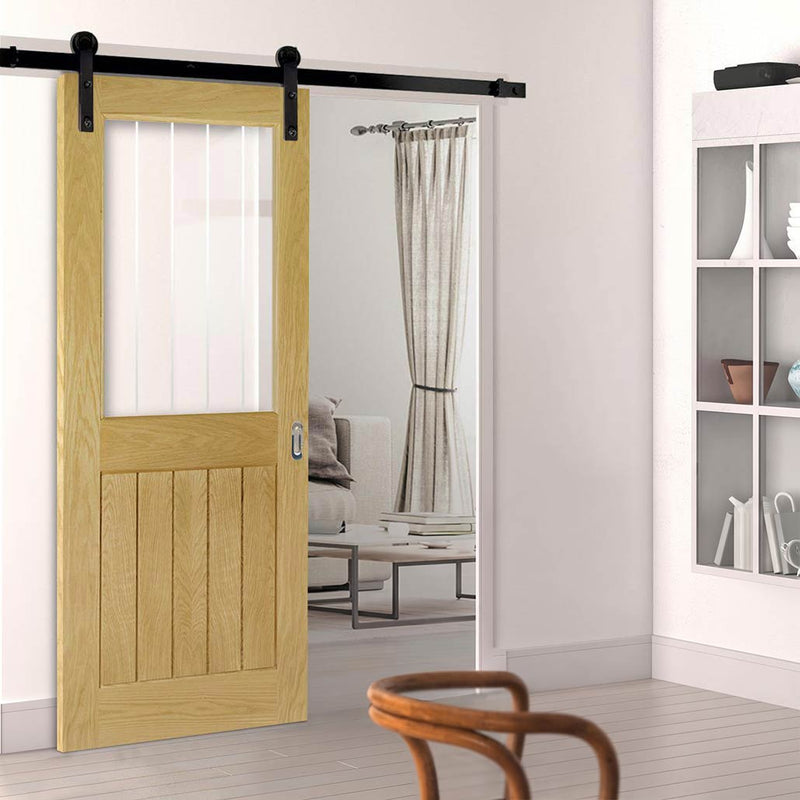 Single Sliding Door & Black Barn Track - Ely 1L Top Pane Oak Door - Clear Etched Glass - Unfinished