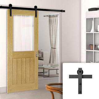 Image: Single Sliding Door & Black Barn Track - Ely 1L Top Pane Oak Door - Clear Etched Glass - Unfinished