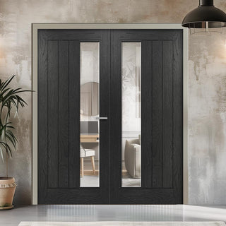 Image: Ely Brushed Black Oak Internal Door Pair - Prefinished - Clear Glass