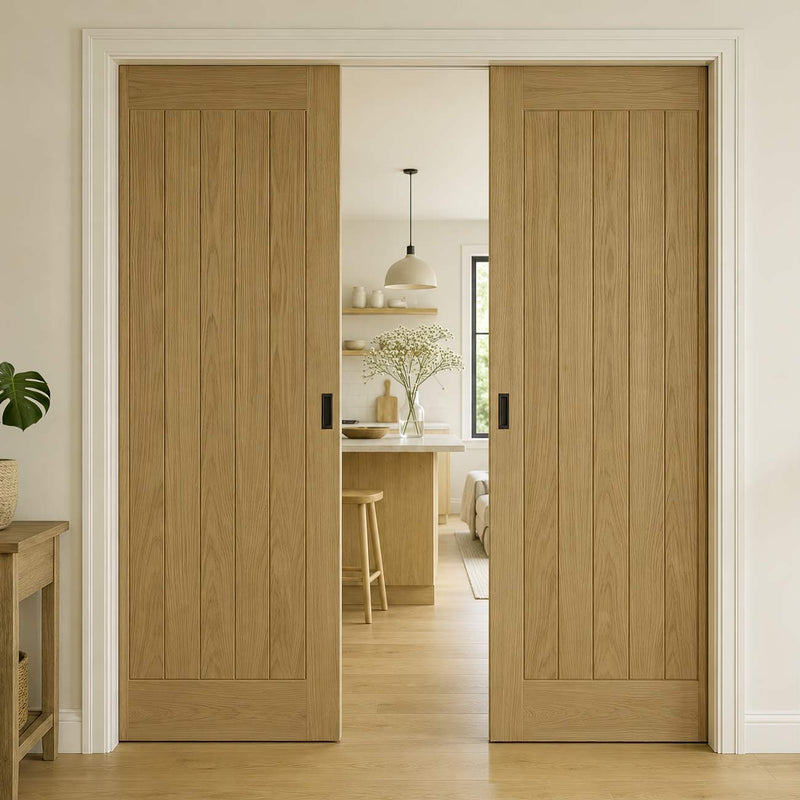 Ely Oak Double Evokit Pocket Doors - Unfinished
