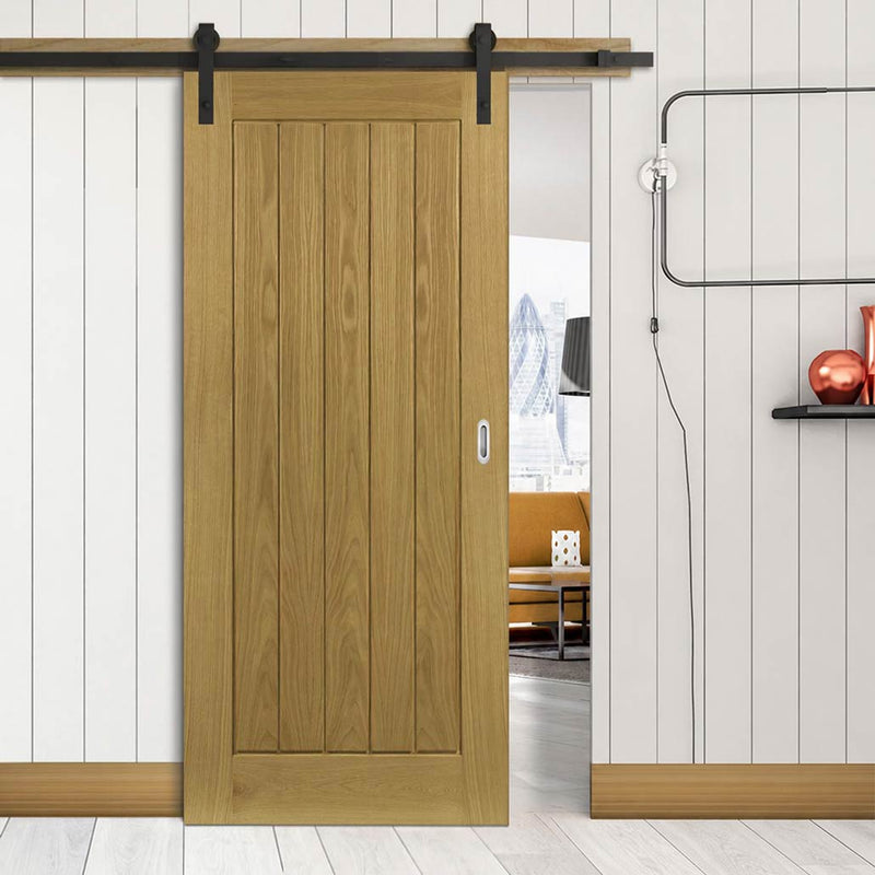 Single Sliding Door & Black Barn Track - Ely American Oak Veneer Door - Prefinished