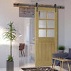 Single Sliding Door & Black Barn Track - Ely Unfinished Oak Door - Clear Bevelled Safety Glass