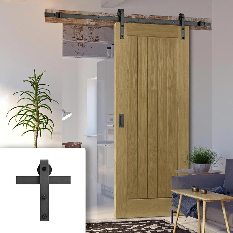 Single Sliding Door & Black Barn Track - Ely Unfinished Oak Door