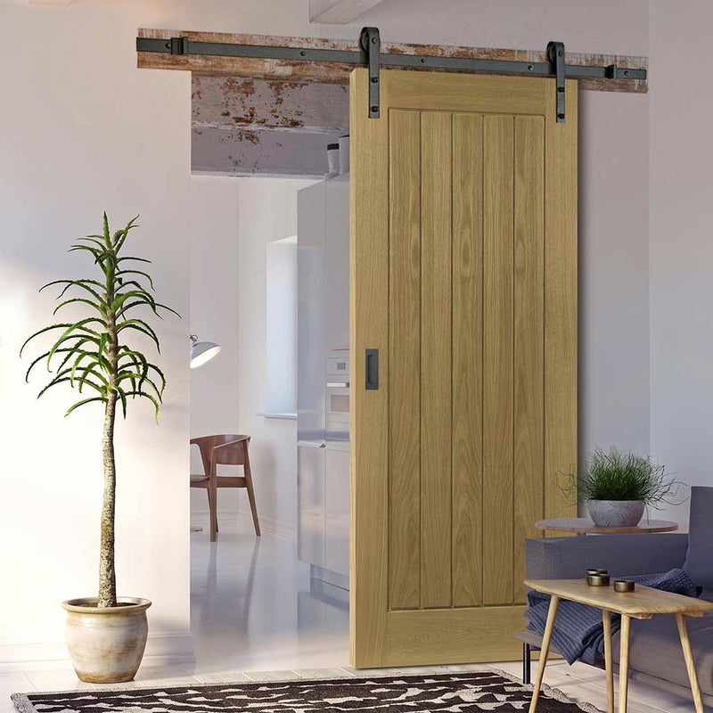 Single Sliding Door & Black Barn Track - Ely Unfinished Oak Door