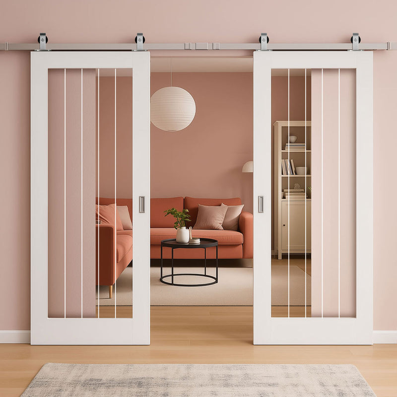 Top Mounted Stainless Steel Sliding Track & Double Door - Ely Glazed Door - Clear Etched Glass - White Primed