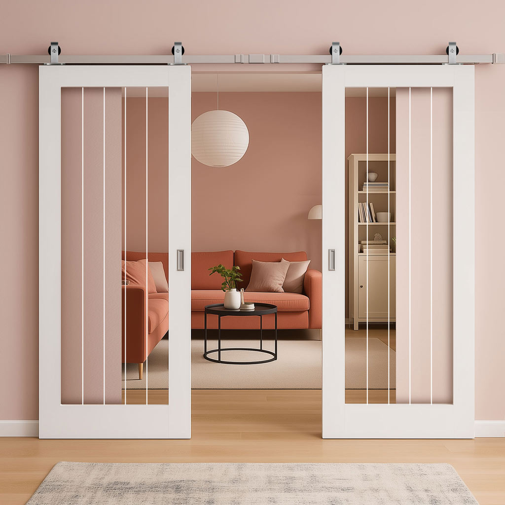 Top Mounted Stainless Steel Sliding Track & Double Door - Ely Glazed Door - Clear Etched Glass - White Primed