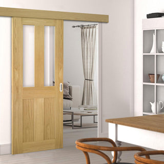 Image: Single Sliding Door & Wall Track - Eton Real American White Oak Veneer Door - Clear Glass - Unfinished