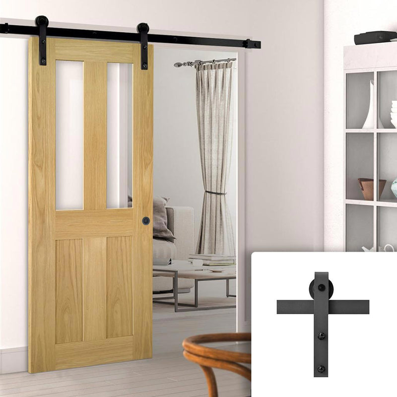 Single Sliding Door & Black Barn Track - Eton American Oak Veneer Door - Clear Safety Glass - Unfinished