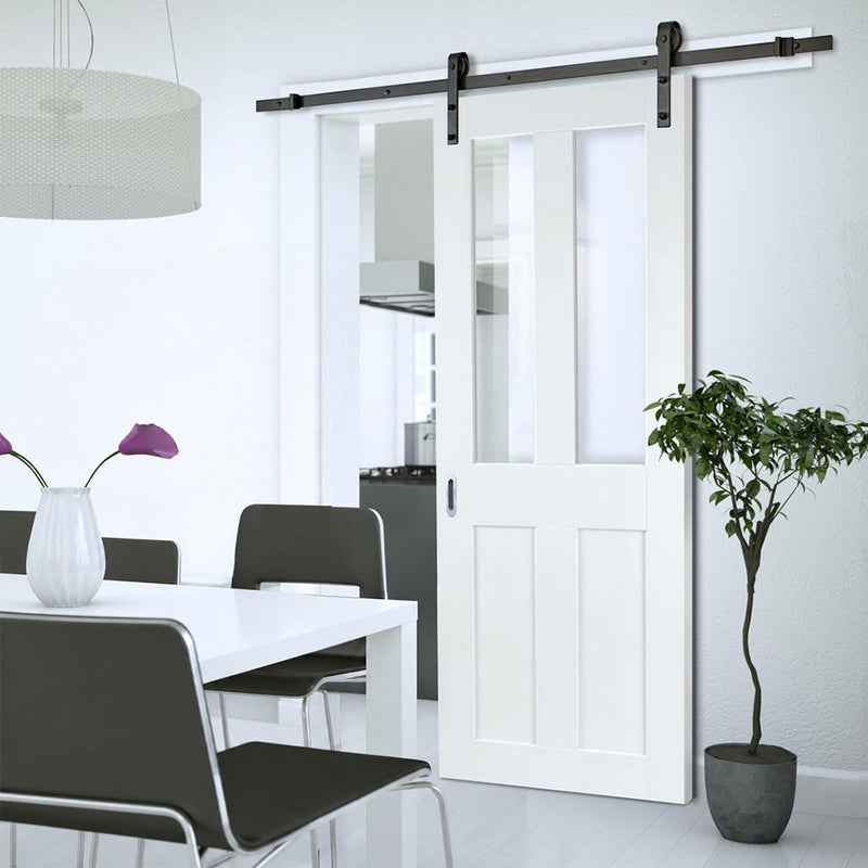 Single Sliding Door & Black Barn Track - Eton White Primed Victorian Shaker Door - Clear Safety Glass