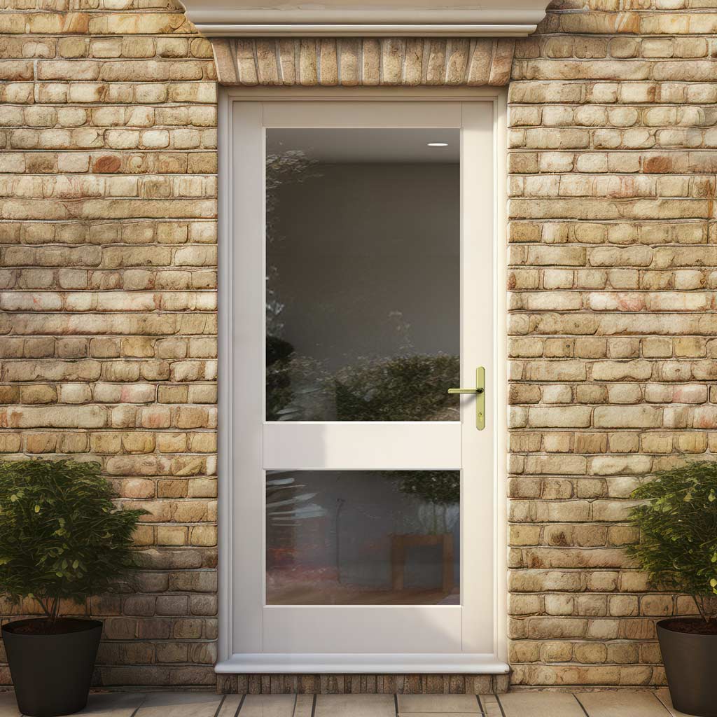 A traditional made to measure exterior front door with double glazing, shown in a white color, installed in a brick doorway.