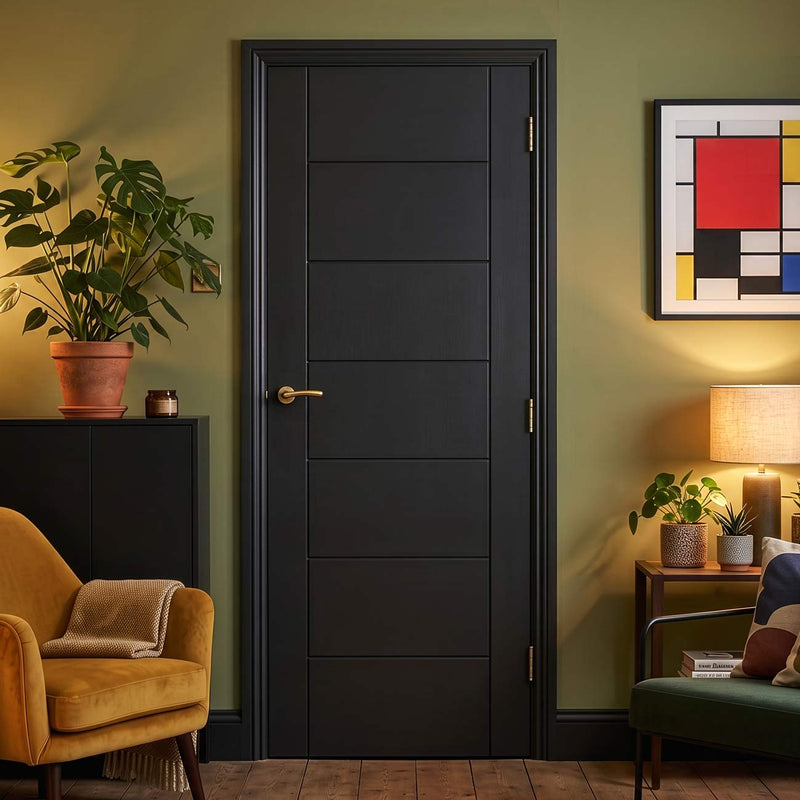 Fire Rated Internal Door - Linear 7 Panel Door - Black Laminated - Prefinished