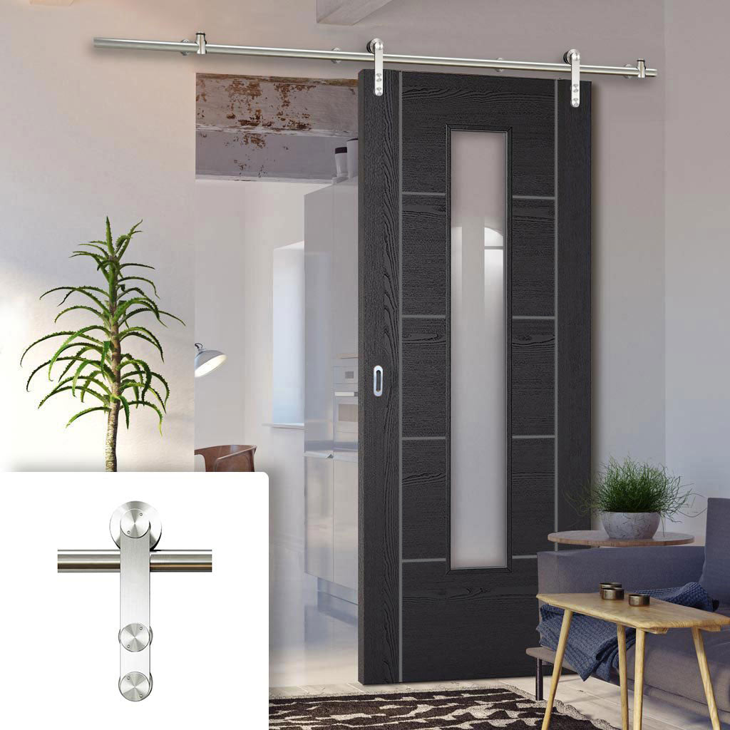 Saturn Tubular Stainless Steel Sliding Track & Laminate Vancouver Black Door - Prefinished - Clear Glass - Prefinished
