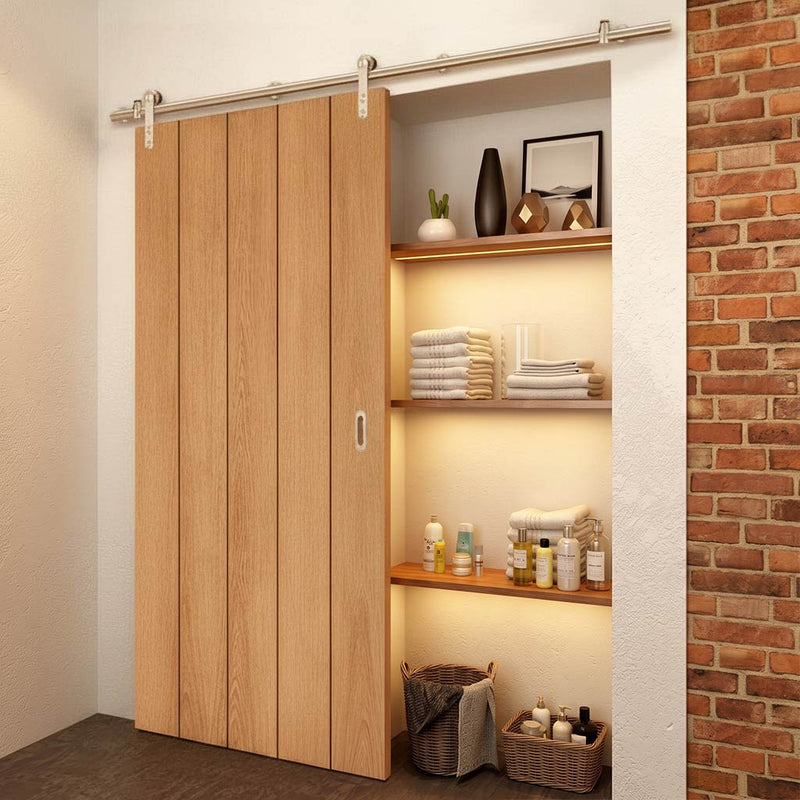 Saturn Tubular Stainless Steel Sliding Track & Wexford Oak Panel Door - Unfinished