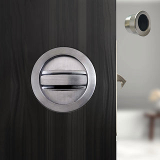 Image: Davis Pocket Door Round Bathroom Lock Turn - Satin Nickel