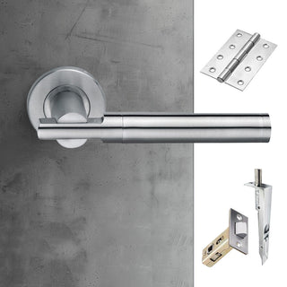 Image: Turin Double Door Lever Handle Pack - 8 Square Hinges - Satin Nickel - Combo Handle and Accessory Pack