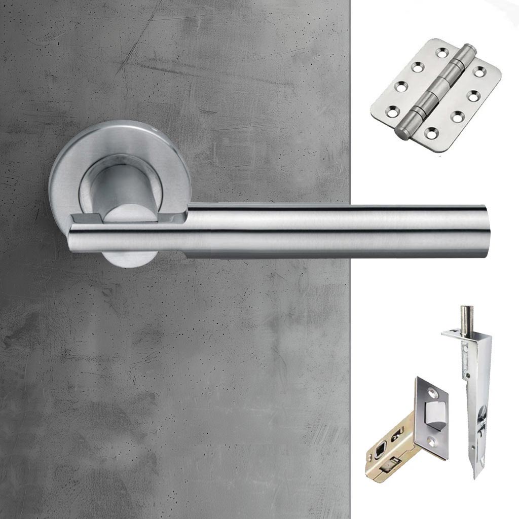 Turin Double Door Lever Handle Pack - 8 Radius Cornered Hinges - Satin Finish - Combo Handle and Accessory Pack