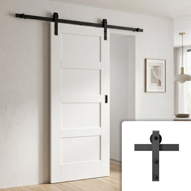Single Sliding Door & Black Barn Track - Shaker 4P Door - White Primed
