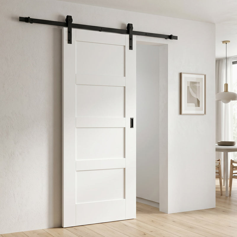 Single Sliding Door & Black Barn Track - Shaker 4P Door - White Primed