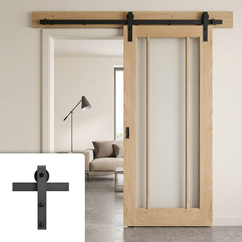 Single Sliding Door & Black Barn Track - Lincoln 3 Pane Oak Door - Clear Glass - Unfinished