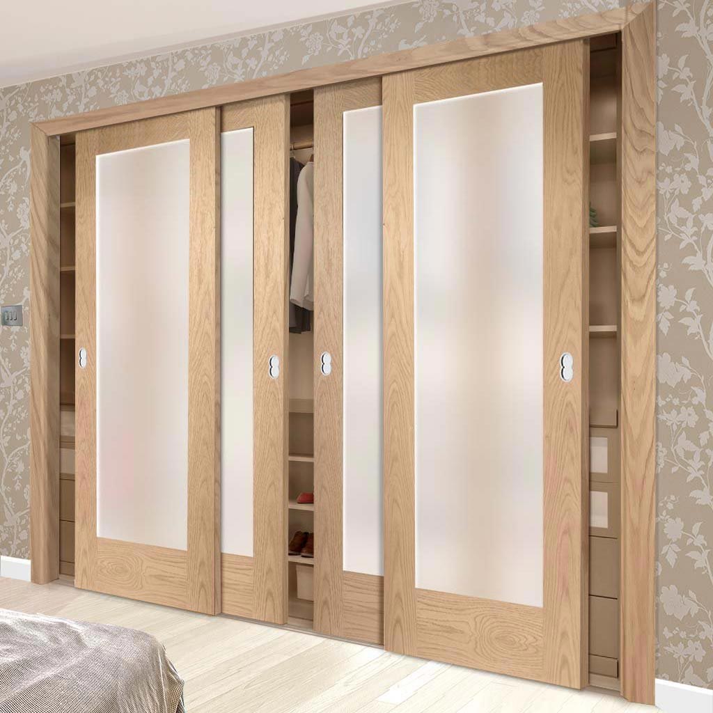 Minimalist Wardrobe Door & Frame Kit - Four Pattern 10 Oak Shaker Doors - Obscure Glass - Prefinished