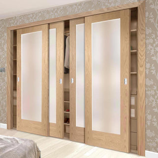 Image: Minimalist Wardrobe Door & Frame Kit - Four Pattern 10 Oak Shaker Doors - Obscure Glass - Prefinished