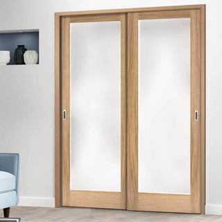 Image: Minimalist Wardrobe Door & Frame Kit - Two Pattern 10 Oak Doors - Frosted Glass - Unfinished