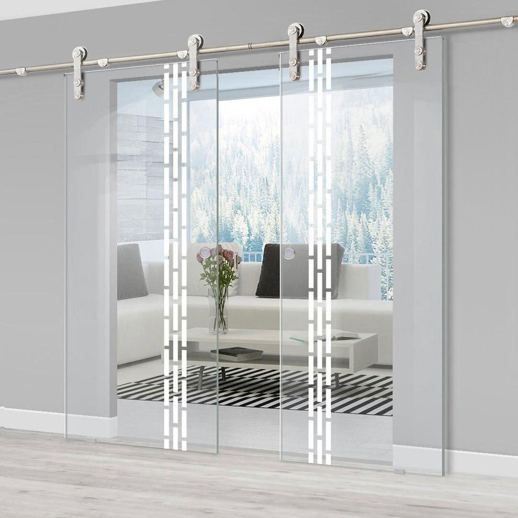 Double Glass Sliding Door - Solaris Tubular Stainless Steel Sliding Track & Garvald 8mm Clear Glass - Obscure Printed Design