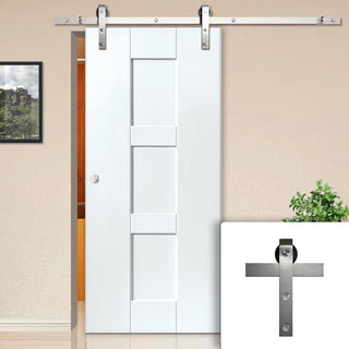 Image: Single Sliding Door & Stainless Steel Barn Track - Geo White Panelled Door