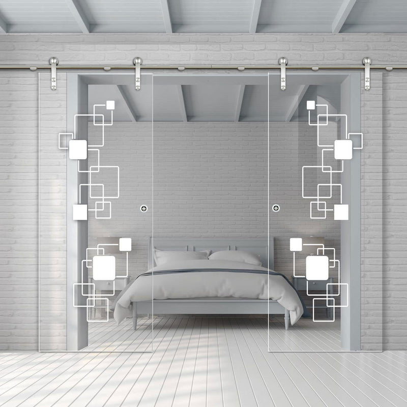 Double Glass Sliding Door - Solaris Tubular Stainless Steel Sliding Track & Geometric Bold 8mm Clear Glass - Obscure Printed Design