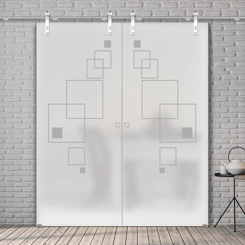 Double Glass Sliding Door - Solaris Tubular Stainless Steel Sliding Track & Geometric Square 8mm Obscure Glass - Obscure Printed Design
