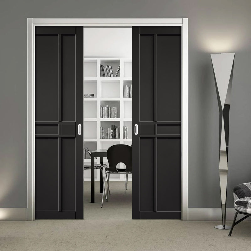 Greenwich Panel Black Painted Double Evokit Pocket Door - Prefinished