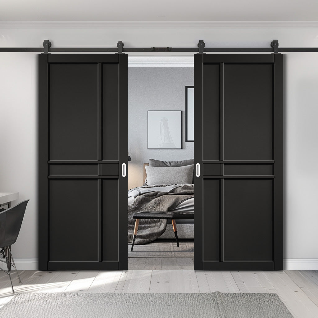 Top Mounted Black Sliding Track & Double Door - Greenwich Panel Black Painted Internal Doors - Prefinished