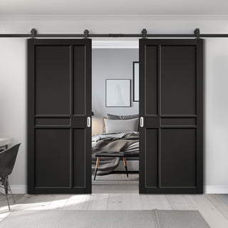 Image: Top Mounted Black Sliding Track & Double Door - Greenwich Panel Black Painted Internal Doors - Prefinished