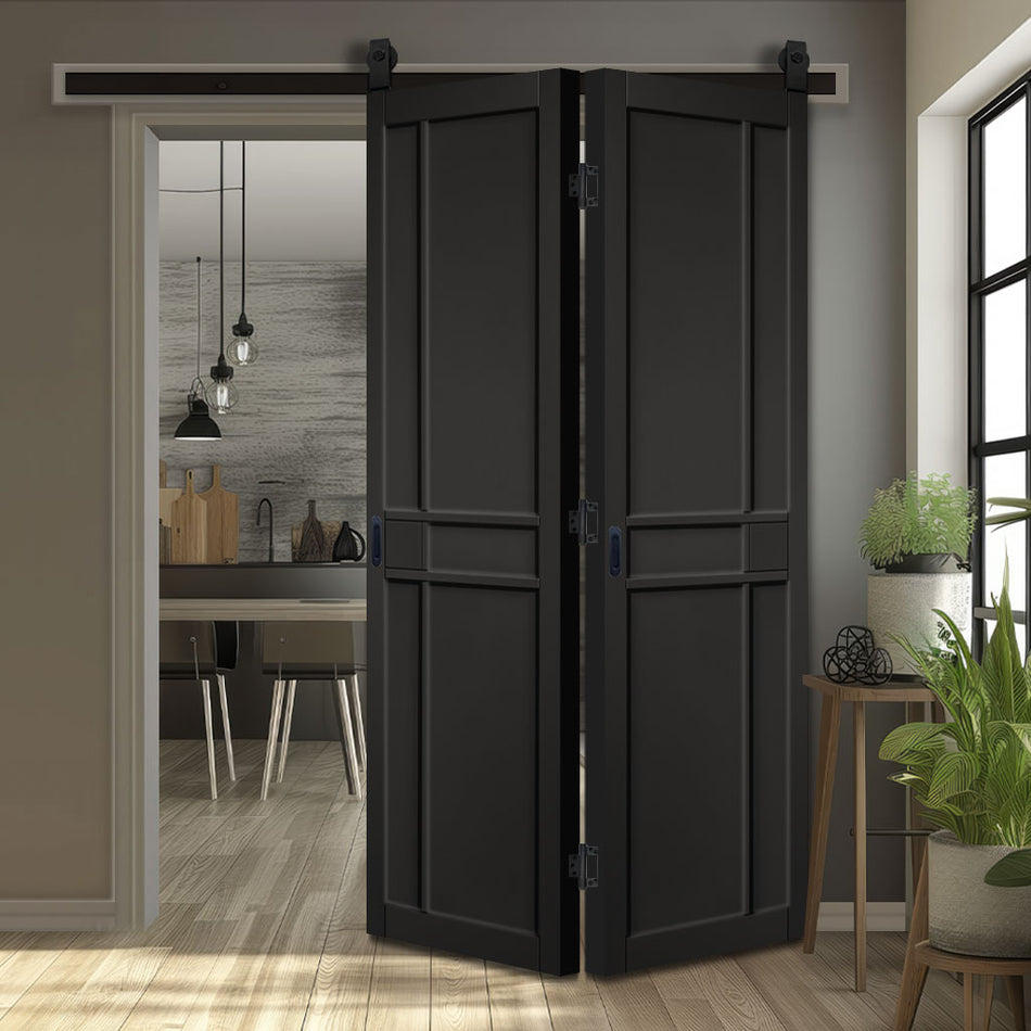 Sliding Top Mounted Black Folding Track & Double Door - Greenwich Panel Black Painted Internal Door - Prefinished