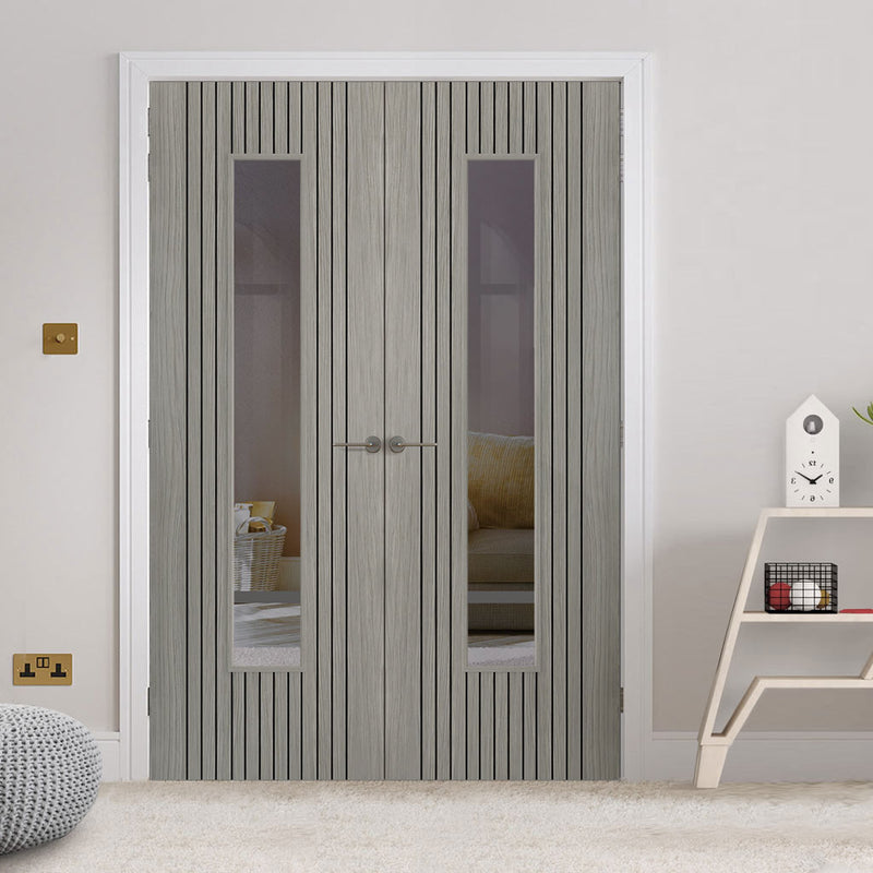 J B Kind Laminates Aria Grey Glazed Internal Internal Door Pair - Clear Glass - Prefinished