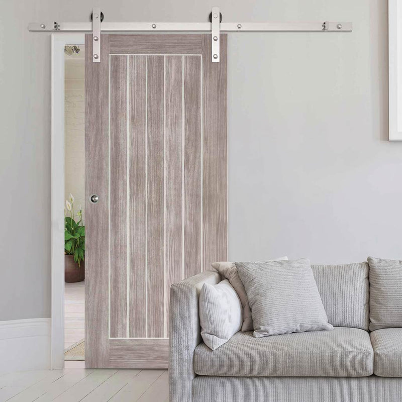 Single Sliding Door & Stainless Steel Barn Track - Laminate Mexicano Light Grey Door - Prefinished