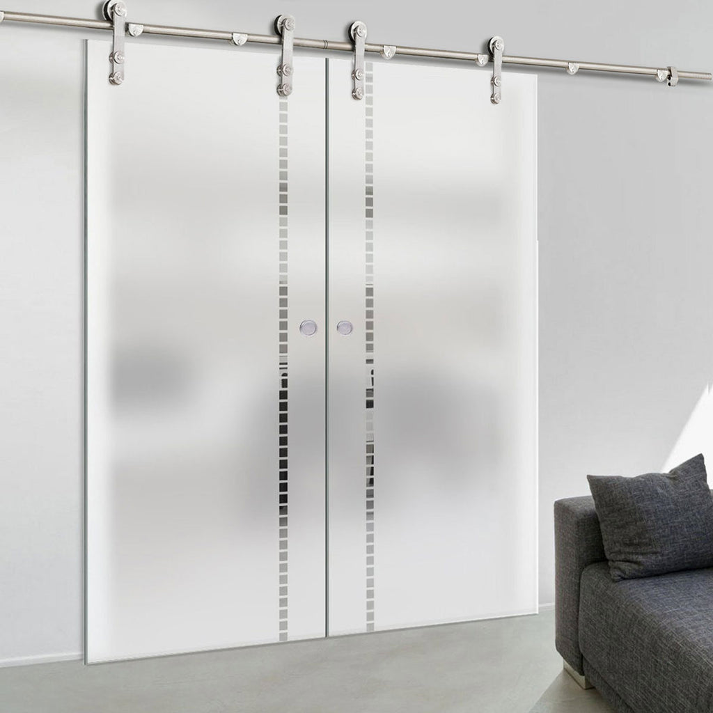 Double Glass Sliding Door - Solaris Tubular Stainless Steel Sliding Track & Gifford 8mm Obscure Glass - Clear Printed Design