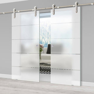 Image: Double Glass Sliding Door - Solaris Tubular Stainless Steel Sliding Track & Gullane 8mm Obscure Glass - Clear Printed Design