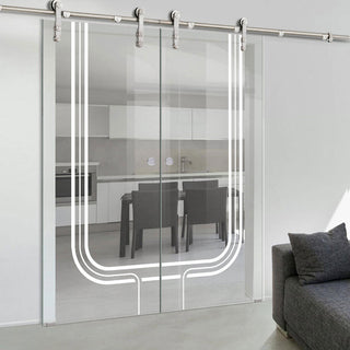 Image: Double Glass Sliding Door - Solaris Tubular Stainless Steel Sliding Track & Holburn 8mm Clear Glass - Obscure Printed Design