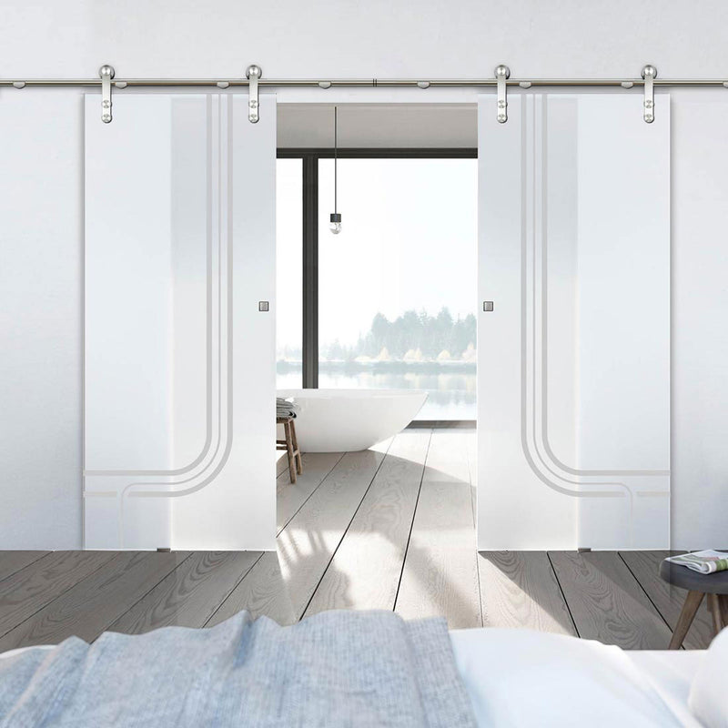 Double Glass Sliding Door - Solaris Tubular Stainless Steel Sliding Track & Holburn 8mm Obscure Glass - Obscure Printed Design