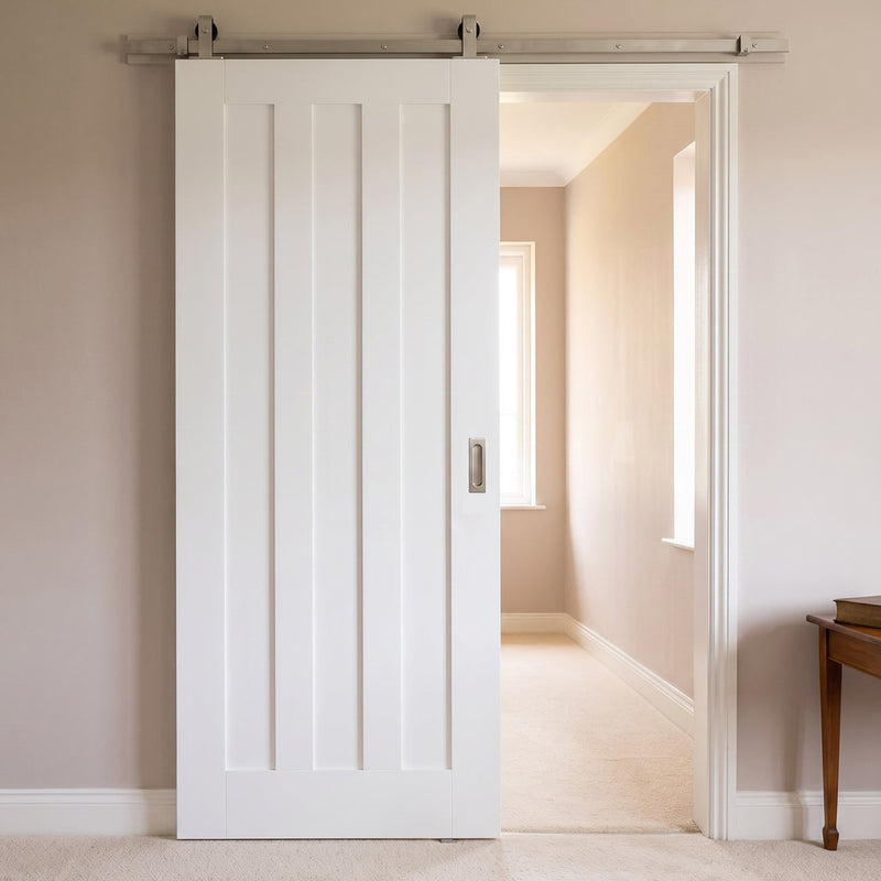 Top Mounted Stainless Steel Sliding Track & Door - Idaho 3 Panel Door - White Primed