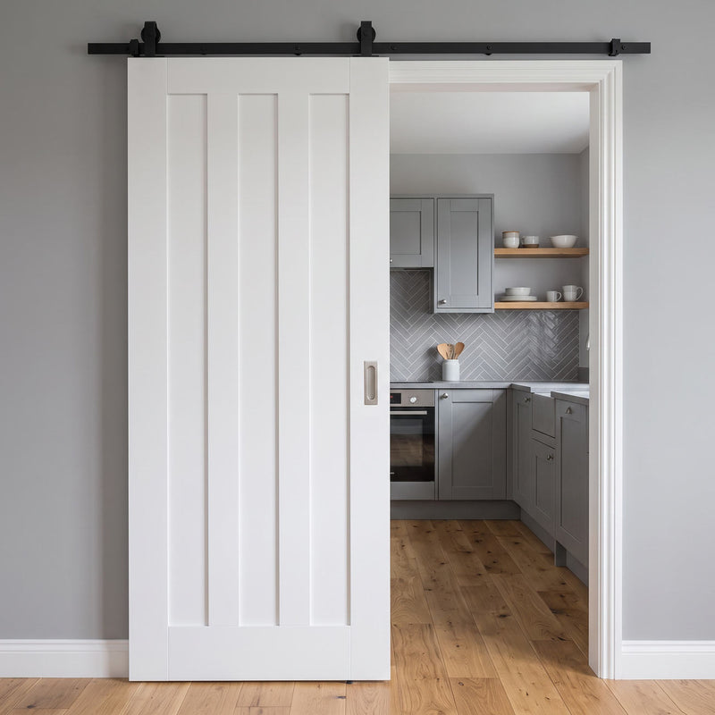 Top Mounted Black Sliding Track & Door - Idaho 3 Panel Door - White Primed