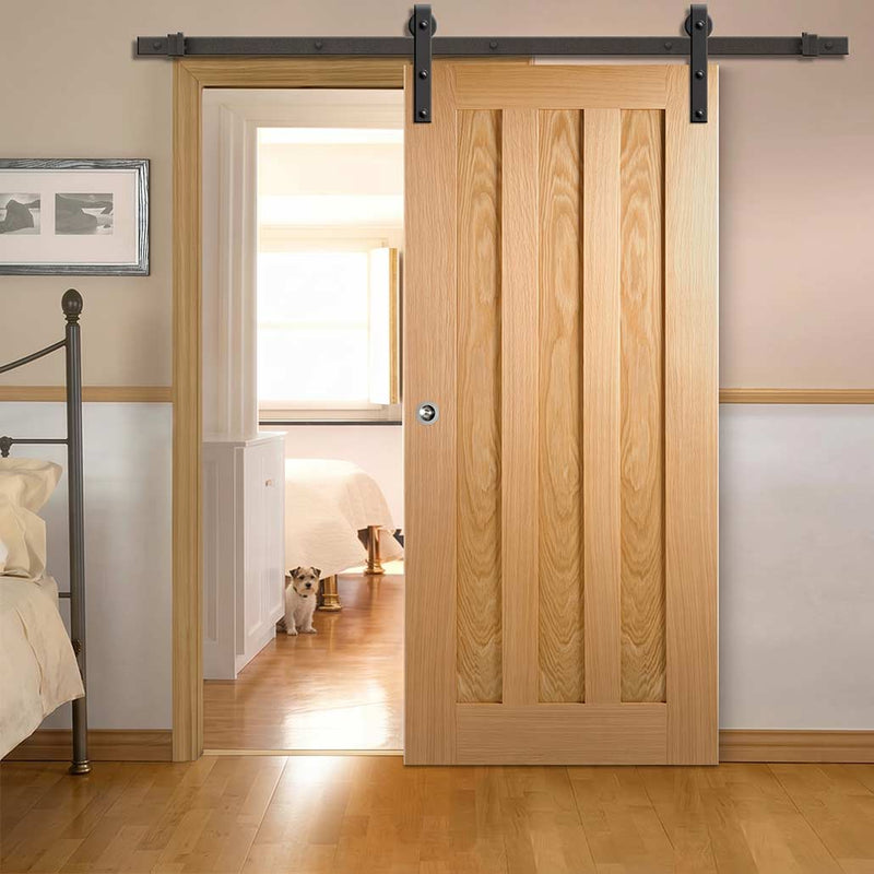 Single Sliding Door & Black Barn Track - Idaho 3 Panel Oak Door - Prefinished