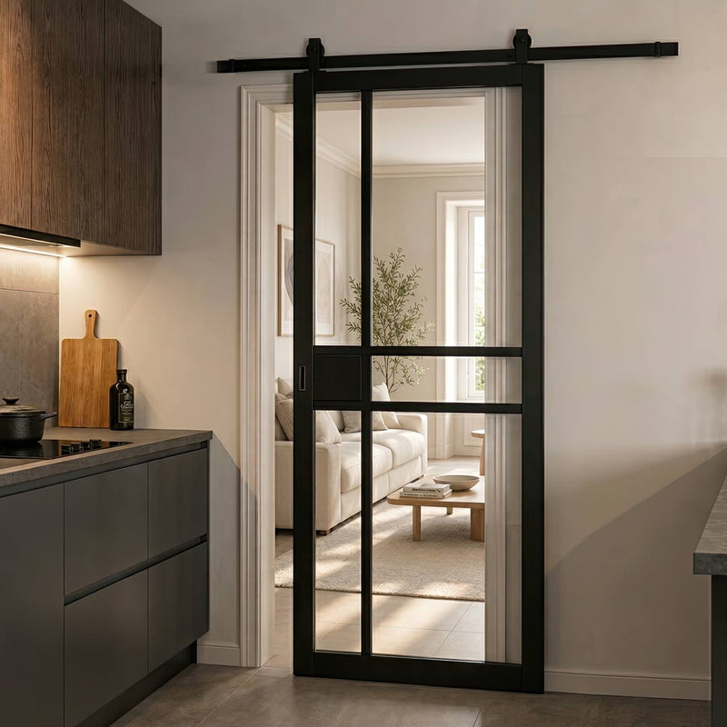 Top Mounted Black Sliding Track & Door - Industrial City Black Internal Door - Clear Glass - Prefinished