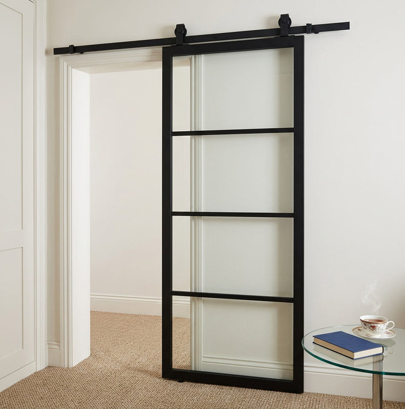 Top Mounted Black Sliding Track & Door - Value Industrial Glazed Door - Black Primed
