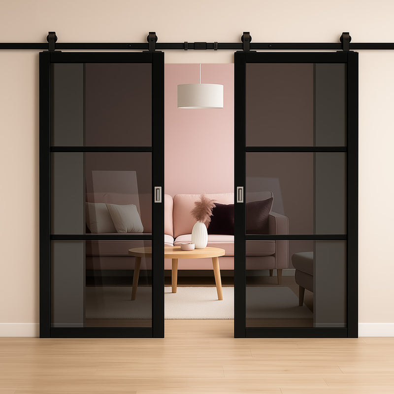Top Mounted Sliding Track & Camden Black Double Door - Prefinished - Tinted Glass - Urban Collection