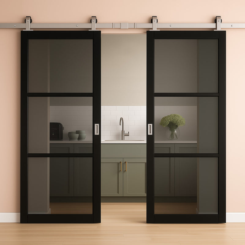 Top Mounted Stainless Steel Sliding Track & Camden Black Double Door - Prefinished - Tinted Glass - Urban Collection
