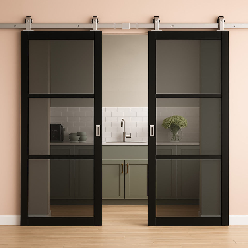 Top Mounted Stainless Steel Sliding Track & Camden Black Double Door - Prefinished - Tinted Glass - Urban Collection